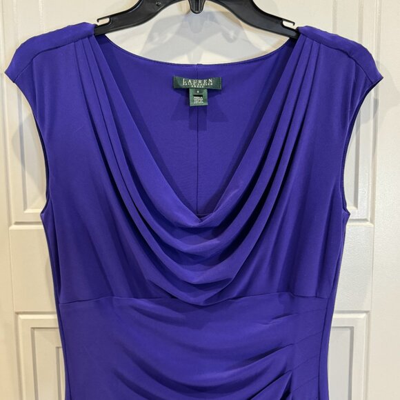 Lauren Ralph Lauren Purple Sleeveless Sheath Dress 6 EUC Cowl Neck Ruching - Picture 7 of 9